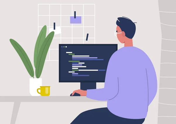 Junge Männliche Charaktere Schreiben Code Auf Einem Desktop Computer Arbeiten — Stockvektor