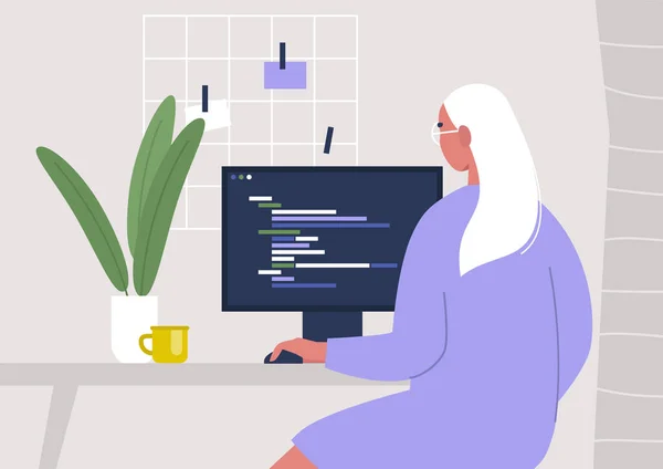 Masaüstü bilgisayarında kod yazan genç bir kadın karakter, evden çalışıyor, milenyumda çalışıyor.