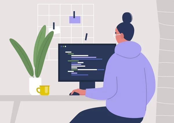 Junge Weibliche Figur Schreibt Code Auf Einem Desktop Computer Arbeitet — Stockvektor