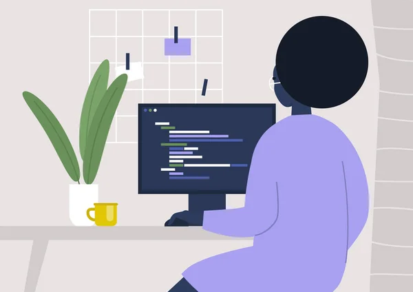 Junge Schwarze Frauenfigur Schreibt Code Auf Einem Desktop Computer Arbeitet — Stockvektor