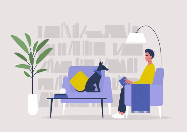 Joven Personaje Masculino Leyendo Libro Una Biblioteca Casera Ilustración Estilo — Vector de stock