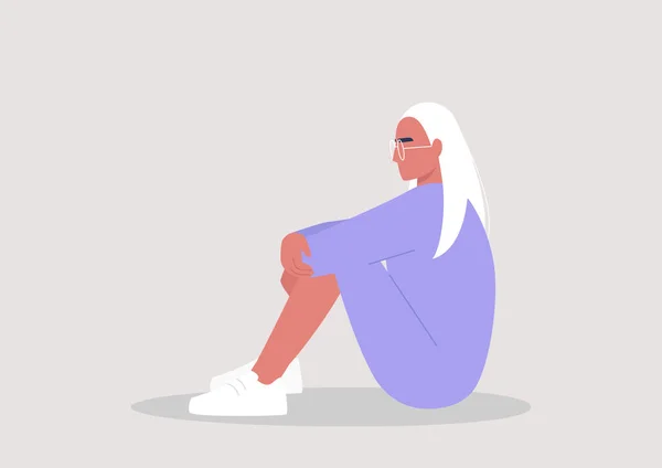 Personaje Femenino Joven Abrazando Sus Rodillas Estrés Emocional Salud Mental — Vector de stock