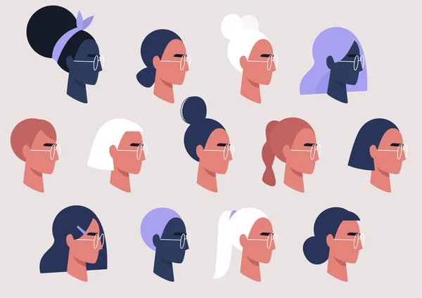 Perempuan Wajah Koleksi Avatar Pengguna Pola Feminin Gadis Gadis Milenial - Stok Vektor