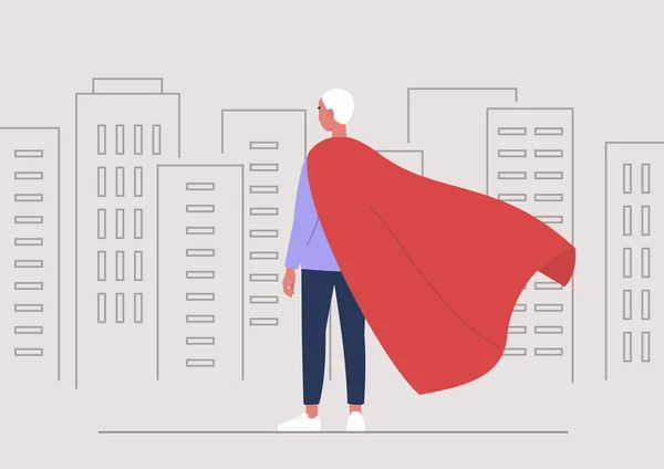 Superheld Conceptuele Illustratie Jonge Mannelijke Karakter Draagt Een Rode Cape — Stockvector