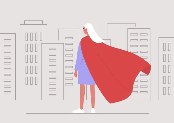 スーパーヒーローの概念図 赤いケープを身に着けている若い女性のキャラクター — ストックベクタ