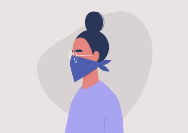 Yüz maskesi olarak bandana takan genç bir kadın karakter, koronavirüs koruması, solunum hastalığı
