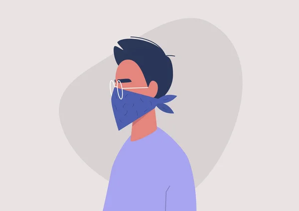 Młody Mężczyzna Noszący Bandanę Jako Maskę Twarzy Ochronę Przed Koronawirusami — Wektor stockowy