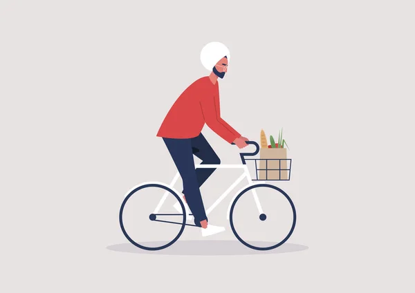 Молодий Індійський Чоловічий Персонаж Їде Велосипеді Тисячолітній Спосіб Життя Повсякденна — стоковий вектор