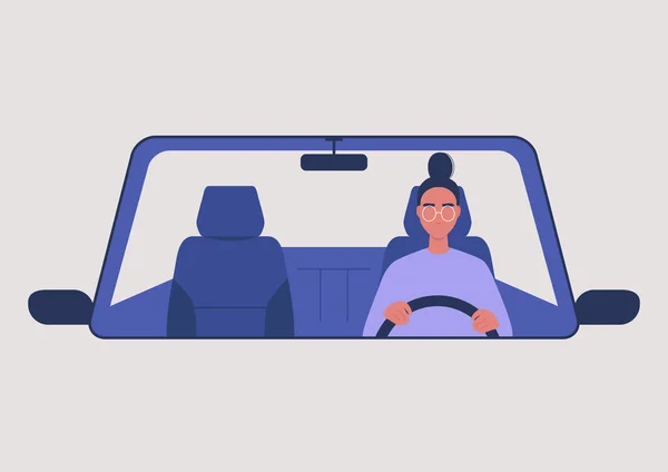 Młoda Kobieta Postać Jazdy Samochodem Tysiąclecia Stylu Życia — Wektor stockowy