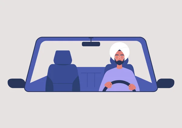 車を運転する若いインドの男性のキャラクター 千年のライフスタイル — ストックベクタ