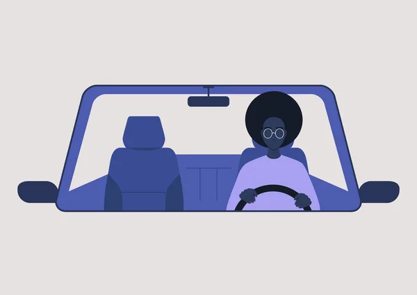 Νεαρή Μαύρη Γυναίκα Χαρακτήρα Που Οδηγεί Ένα Αυτοκίνητο Χιλιετή Τρόπο — Διανυσματικό Αρχείο