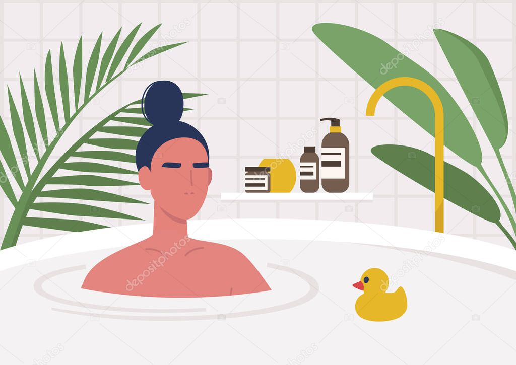 Young female character taking a bath, modern lifestyle, boho chic interior with plants and cosmetics