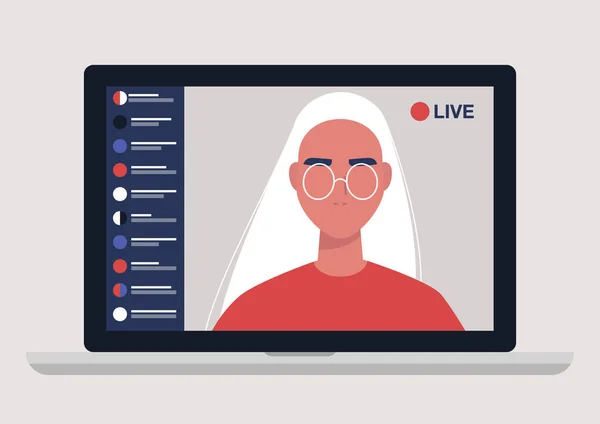 Jonge Vrouwelijke Blogger Met Een Live Streaming Online Evenement Website — Stockvector