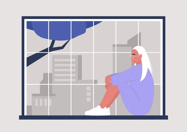 Jeune Personnage Féminin Assis Fenêtre Panorama Grande Ville Style Vie — Image vectorielle