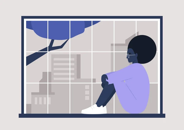 年轻的黑人女性角色坐在窗前 大城市的全景 千年的生活方式 — 图库矢量图片