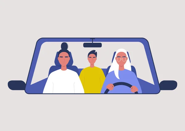 Servicio Coche Compartido Taxi Tres Personajes Dentro Vehículo — Vector de stock