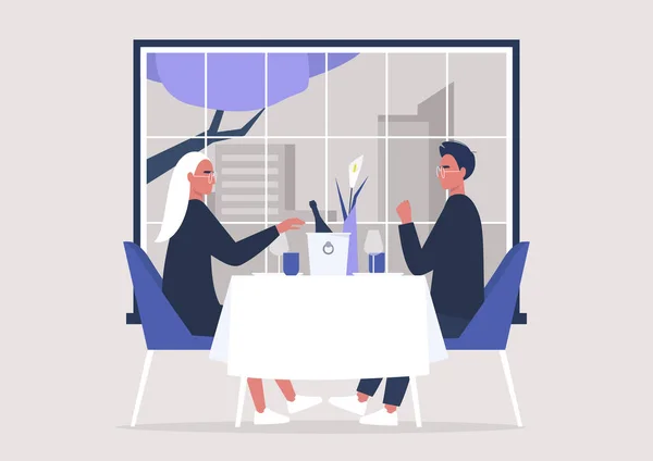 一对浪漫的夫妇在奢华的餐馆吃饭 现代的生活方式 庆祝活动 — 图库矢量图片