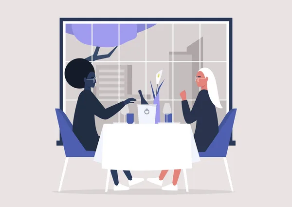 一对浪漫的同性恋夫妇在一家高档餐厅吃饭 现代生活方式 庆祝活动 — 图库矢量图片