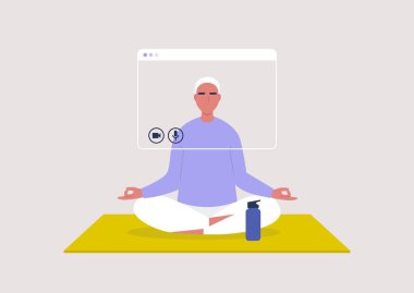 Çevrimiçi yoga dersi, meditasyon dersi, ev siparişinde kalma, yoga pozisyonunda oturan genç erkek karakter.