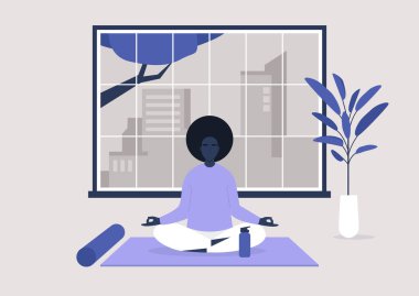 Genç siyahi kadın karakter evde yoga yapıyor, modern sağlıklı yaşam tarzı.