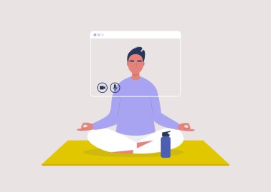 Çevrimiçi yoga dersi, meditasyon dersi, ev siparişinde kalma, yoga pozisyonunda oturan genç erkek karakter.
