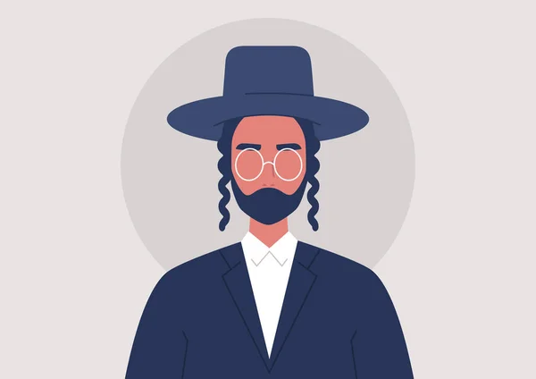 Portrait Young Orthodox Jewish Man Wearing Traditional Hat Clothes — Stock Vector