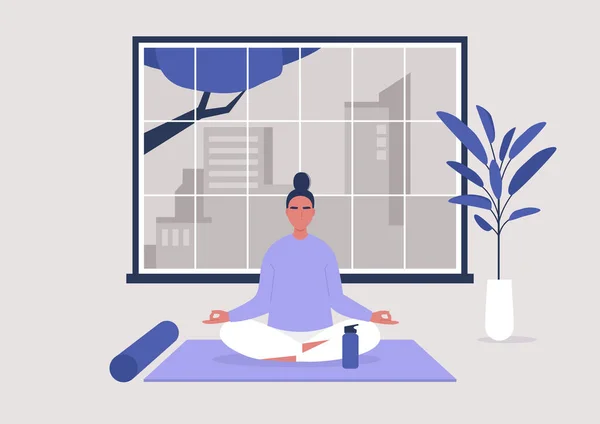 Junge Weibliche Figur Beim Yoga Workout Hause Moderner Gesunder Lebensstil — Stockvektor