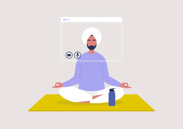 Онлайн Урок Йоги Урок Медитации Пребывание Домашнем Заказе Молодой Индийский — стоковый вектор