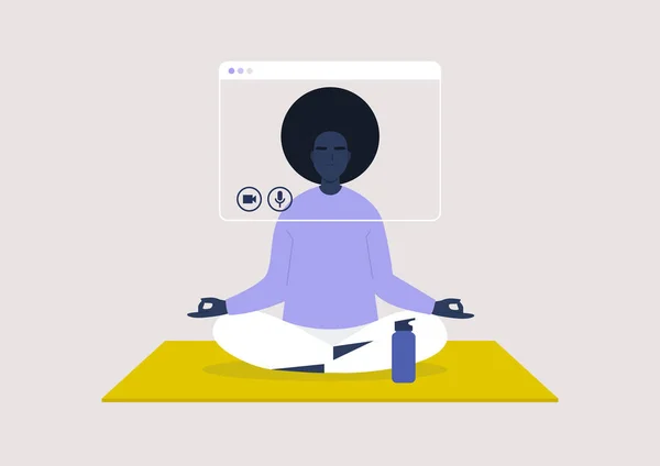 Cours Yoga Ligne Tutoriel Sur Méditation Séjour Maison Jeune Personnage — Image vectorielle