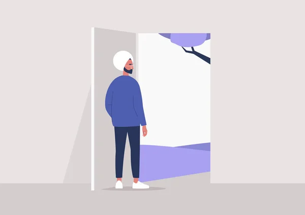 Fin Cuarentena Personaje Masculino Joven Indio Saliendo Exterior Ilustración Estilo — Vector de stock