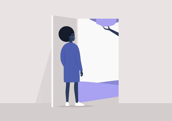 隔離の終わり 外に出る若い黒人女性のキャラクター ライフスタイルのイラスト — ストックベクタ