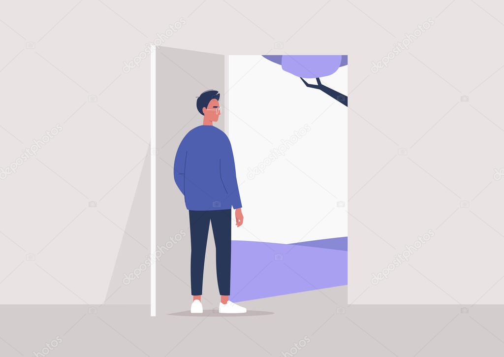 End of the quarantine, young male character going outside, lifestyle illustration