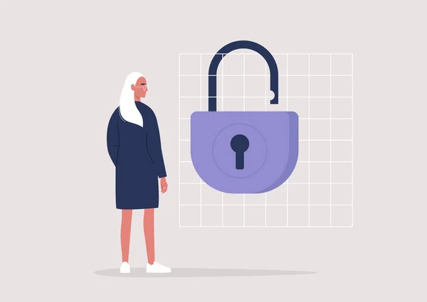 Karantinanın sonunda, genç bayan karakter açık bir kilidin yanında duruyor, yaşam tarzı çizimi.