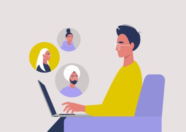 Video konferansı, evden çalışma, sosyal uzaklık, iş tartışması.