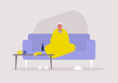 Genç erkek karakter battaniyeye sarılı oturuyor, depresyon ve endişe, kendini soyutlama, evde kalma düzeni.