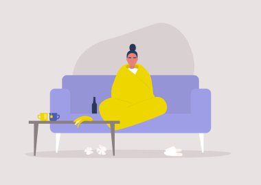 Genç kadın karakter battaniyeye sarılı oturuyor, depresyon ve endişe, kendini soyutlama, evde kalma düzeni.