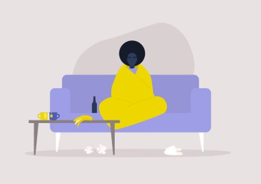 Genç siyahi kadın karakter battaniyeye sarılı oturuyor, depresyon ve endişe, kendini soyutlama, evde kalma düzeni.