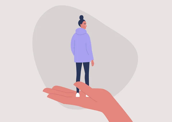 心理健康咨询 心理问题 一个手牵手站立的年轻女性角色 护理和治疗 — 图库矢量图片