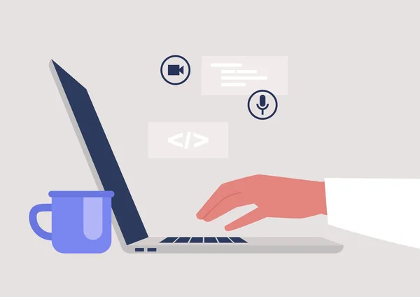 Yeni teknolojiler, açık bir dizüstü bilgisayarın yan görüntüsü, işte milenyum, yeni başlayan bir endüstri