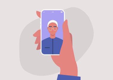 Mobil ekranda genç bir erkek karakterin portresi, milenyum yaşam tarzı, aletler, online video çağrısı
