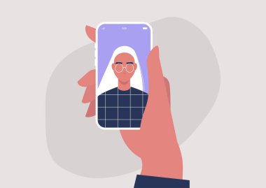 Mobil ekranda genç bir kadın karakterin portresi, milenyum yaşam tarzı, aletler, online video çağrısı