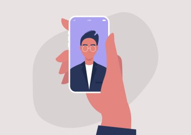 Mobil ekranda genç bir erkek karakterin portresi, milenyum yaşam tarzı, aletler, online video çağrısı