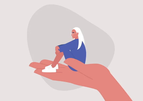 Jeune Personnage Féminin Assis Sur Une Paume Des Mains Psychothérapie — Image vectorielle