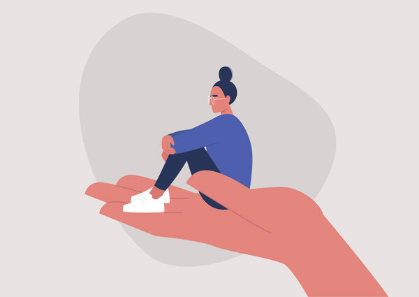 A young female character sitting on a hand palm, psychotherapy, help and support, a counseling session