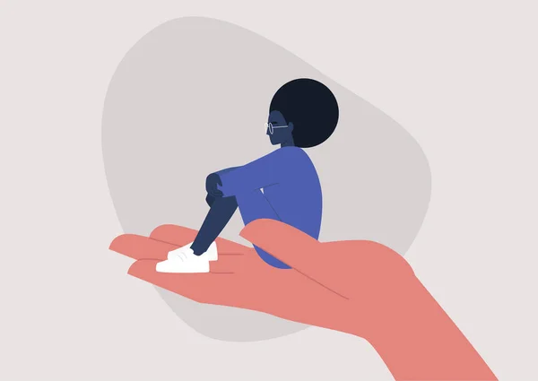 Joven Personaje Femenino Negro Sentado Una Palma Mano Psicoterapia Ayuda — Vector de stock