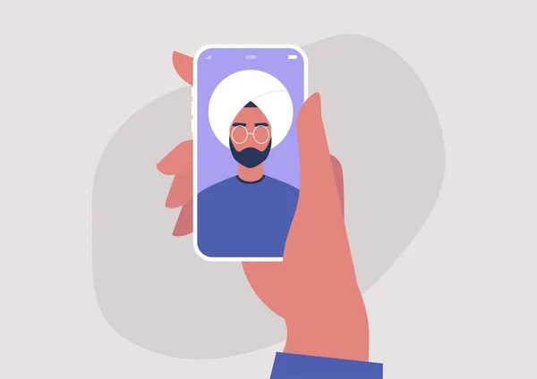 Портрет Молодого Індійського Чоловіка Мобільному Екрані Тисячолітній Спосіб Життя Гаджети — стоковий вектор