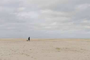 Oostduinkerke, Belçika - 16 Kasım 2019: Bir kadın soğuk bir Kasım günü köpeğini sahilde gezdirir