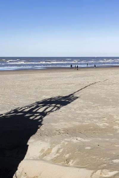 Oostduinkerke, Belgique - 3 février 2019, : L'ombre d'une grande bouée échouée sur la plage par temps clair au printemps — Photo