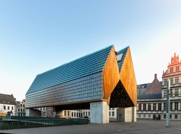 Ghent, Belgium April 9, 2020: The city pavilion next to the Belfry and Saint Nicholas church