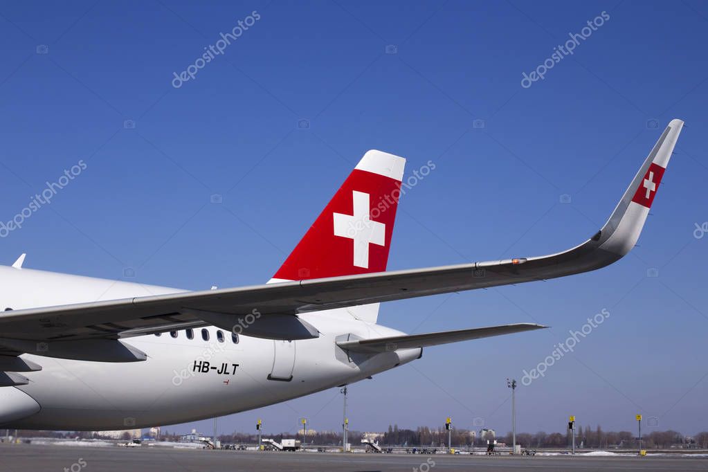 Borispol, Ukraine - March 26, 2018: A part of Swiss International Airlines Airbus A320 aircraft with logo. Editorial use only